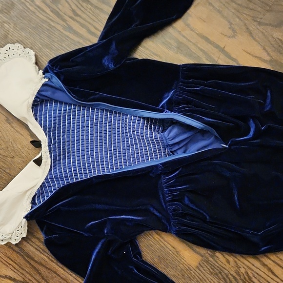 Blue Velvet Dress with Lace Collar - Picture 5 of 6